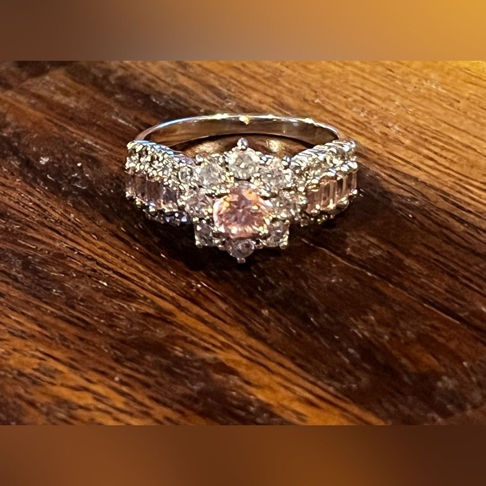 DL 925 SIGNED Sterling Silver 925 Pink Cubic Zirconia COCKTAIL RING SIZE 7.75